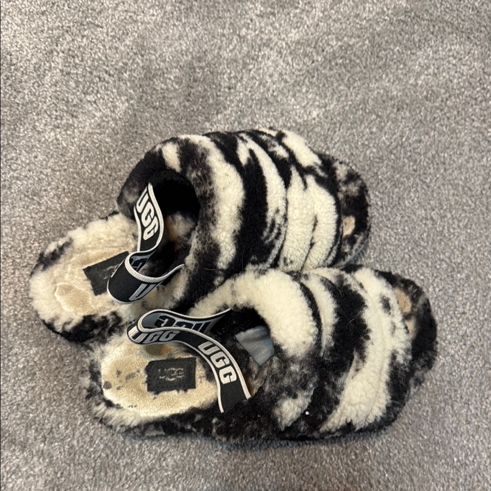 UGG Black and White Fuzzy Slippers